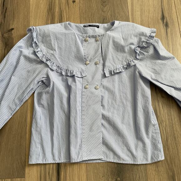 Zara Peter Pan Collar Blue White Checked Rhinestone Buttons Size Small EUC - Picture 3 of 9